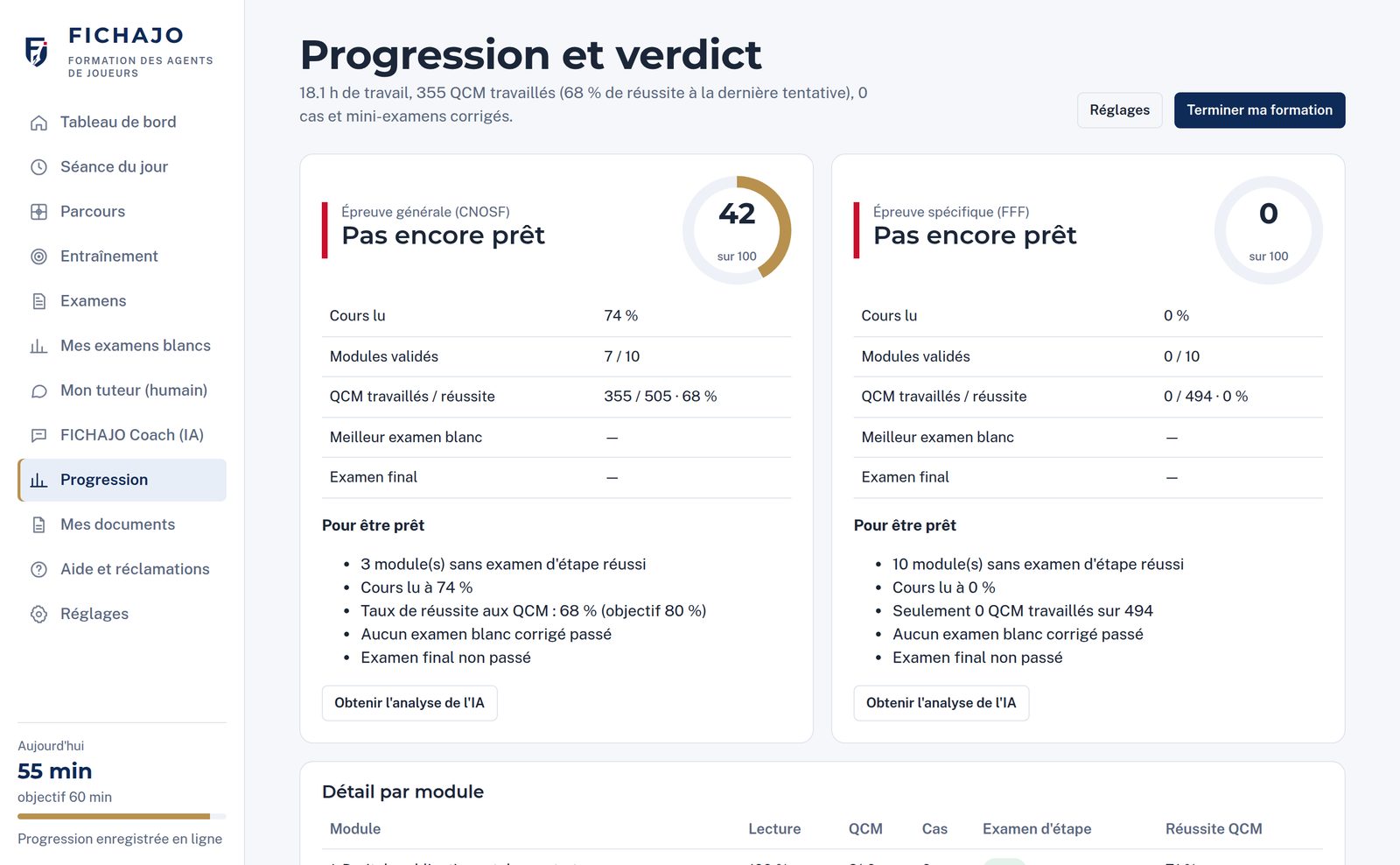 Le suivi de progression et le verdict par épreuve
