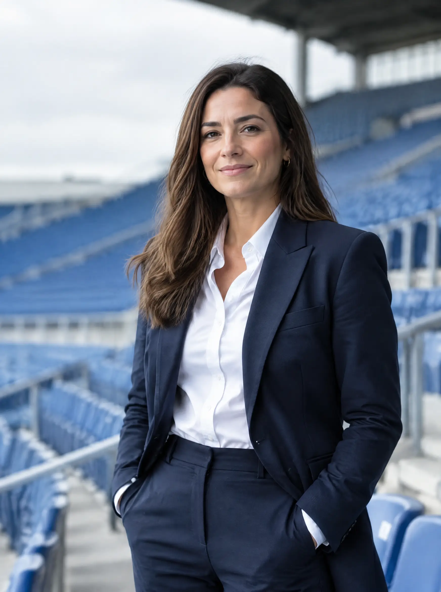 Une agente de joueurs en tailleur bleu marine dans les tribunes d'un stade